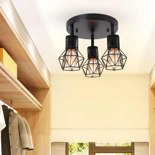 Miniatura 7 de Lámpara de techo de montaje empotrado de 3 luces, lámpara de techo industrial para cocina, E26, color negro, para comedor, pasillo, entrada