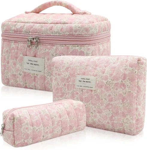 Miniatura 7 de Set de bolsas de maquillaje, bolsa de maquillaje acolchada, bolsa de cosméticos floral grande para mujeres, lindas bolsas de maquillaje de algodón