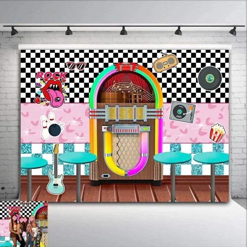 Volver a los años 50 Sock Hop fotografía telón de fondo de vinilo de 7 x 5 pies para fiestas de rock roll de los años 50, decoraciones de soda,