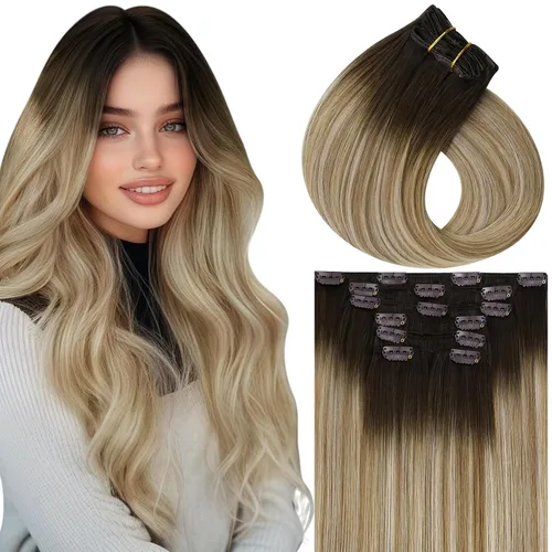 Miniatura 10 de Vivien Extensiones de cabello humano con clip, color negro azabache, extensiones de cabello humano real con pinzas invisibles, doble trama, 14