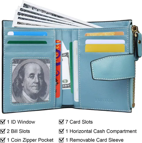 Miniatura 4 de FT FUNTOR RFID - Billetera de cuero para mujeres, tarjetero de mujer, pequeña billetera compacta de bolsillo con ventana para identificación
