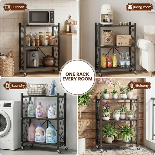 Miniatura 8 de ALANNG Estantes de almacenamiento con ruedas, estantería con almacenamiento, carrito de rack de metal sin ensamblaje para cocina, oficina, Negro