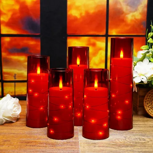 Miniatura 6 de kakoya Velas LED sin llama con temporizador, 5 piezas de velas parpadeantes sin llama para ambiente romántico y decoración del hogar, carcasa Rojo
