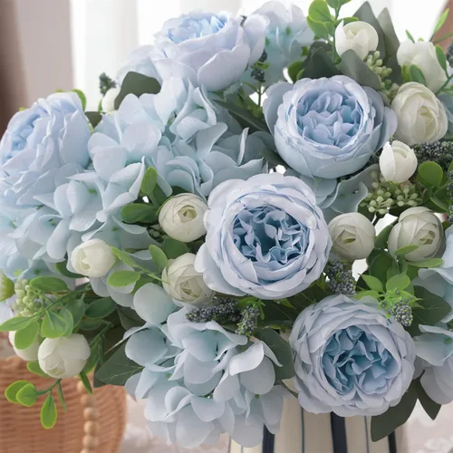 Miniatura 8 de 2 racimos de peonías artificiales, peonías pequeñas de seda azul, arreglos florales de hortensias falsas, centro de mesa, flores sintéticas