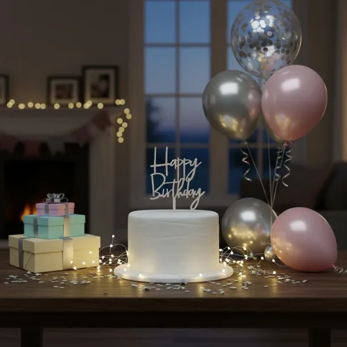 Miniatura 6 de Decoración de pastel de feliz cumpleaños para decoraciones de fiesta de cumpleaños (acrílico plateado espejo)