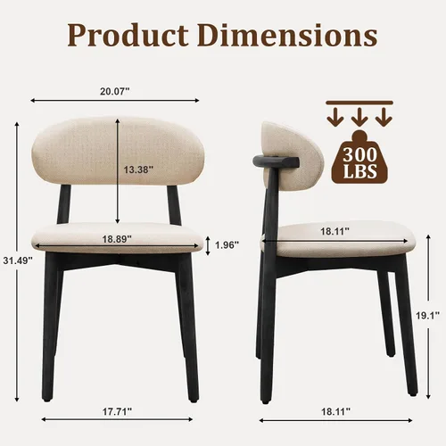 Miniatura 3 de Juego de 2 sillas de comedor de granja, modernas sillas de comedor de madera de mediados de siglo, sillas de comedor tapizadas de tela de granja