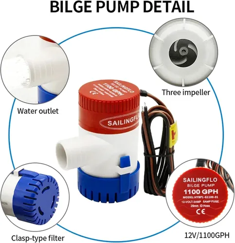 Miniatura 2 de Bomba de sentina de 12 V, 1100 GPH, salida de 1-1/8 pulgadas, bomba de agua marina sumergible no automática para barco, caravanas, estanque No