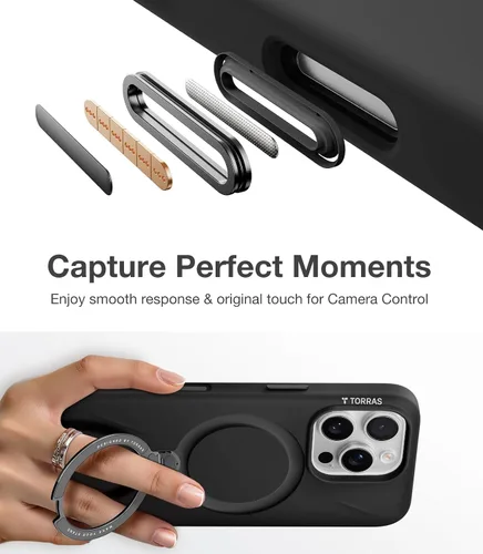 Miniatura 4 de TORRAS Funda de silicona líquida para iPhone 16 Pro con anillo magnético giratorio de 360 grados y control de cámara, compatible con MagSafe, Funda