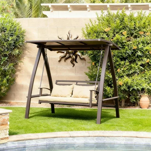 Miniatura 22 de PURPLE LEAF Silla Columpio Nube de 2 Asientos con Soporte Banco Deslizante Loveseat de Mimbre para Patio Colgante Balanceante para Interior Exterior