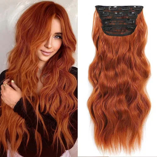 Miniatura 34 de NAYOO 4 piezas Extensiones de cabello con pinza, ondas largas y rizadas, sintéticas, gruesas, con fibra de doble trama, para mujeres, color cobre
