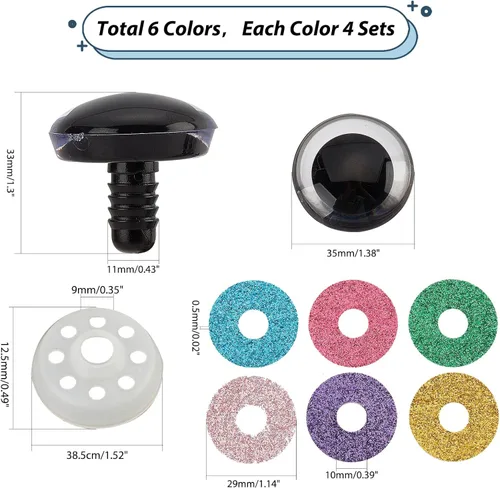 Miniatura 2 de PH PandaHall 24 juegos de ojos de seguridad de plástico, 6 colores, ojos de animales rellenos con purpurina de 1.378 in, ojos de ganchillo para oso