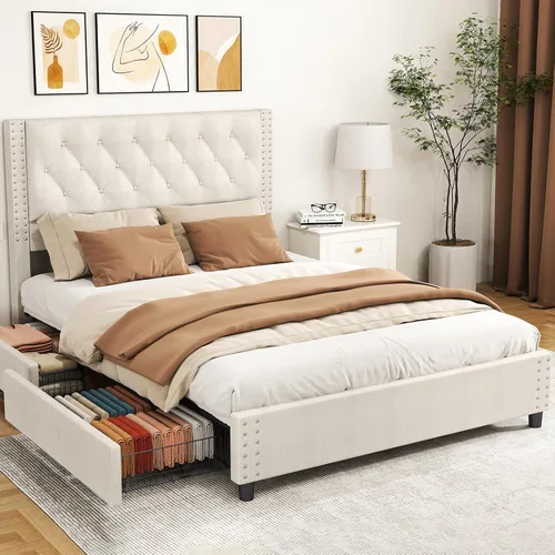 Miniatura 9 de EVLIQUIL - Marco de cama de tamaño matrimonial con 4 cajones de almacenamiento y cabecero, color beige Upholstered Platform Bed Frame with Wood