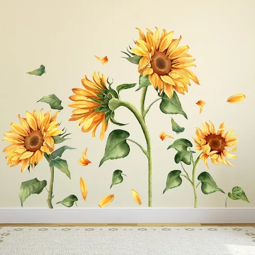 Calcomanía de pared vintage de girasol, diseño floral de jardín, flores amarillas con hojas verdes, calcomanías de pared para despegar y pegar,