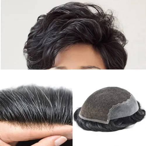 Miniatura 83 de Mens Toupee Swiss Lace Mens Hair Piece Sistema de reemplazo de cabello para hombres Toupee para hombres Cabello humano nudo blanqueado protesis