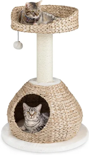 Miniatura 11 de Tangkula Árbol para gatos moderno, torre para gatos pequeña con poste de rascar de sisal natural, condominio para gatos de mimbre hecho a mano