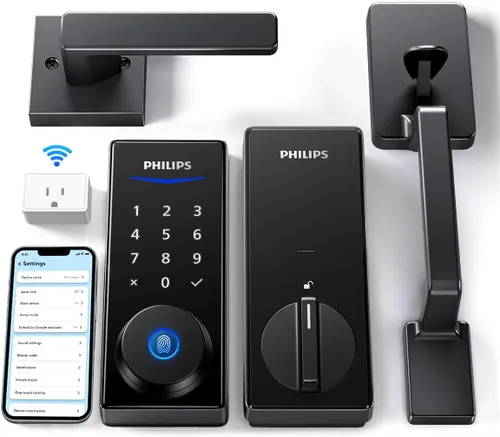 Philips Cerradura inteligente Wi-Fi con asa, cerradura de puerta con teclado de entrada sin llave con asa, juego de cerrojos para puerta delantera