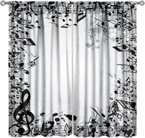 Cortinas musicales, notas musicales retro, notas musicales vintage, patrón temático para decoración de habitación, cortinas opacas impresas para
