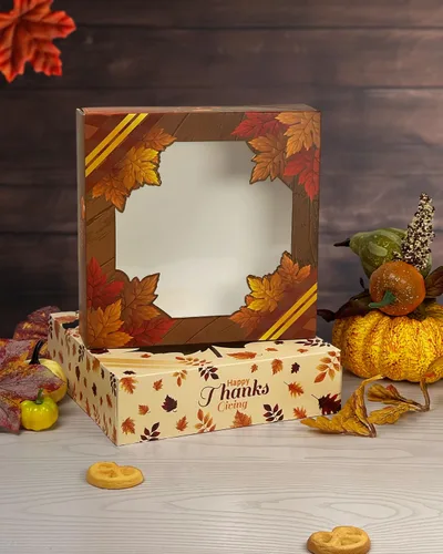 Miniatura 7 de qiqee Cajas de Galletas de Acción de Gracias con Ventana para Dar Regalos Cajas de Golosinas de Otoño 10x10x2.5 pulgadas 30 Paquetes Caja de Día