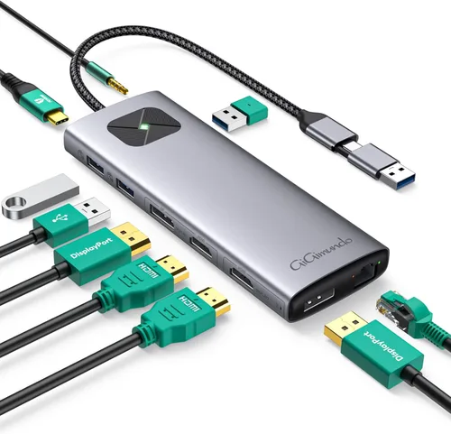 GiGimundo LK10 - Estación de acoplamiento para portátil 10 en 1 con monitor doble, USB C Hub Dual 4K a 60Hz HDMI, 2 DP, 3 USB A, 100W PD, Ethernet