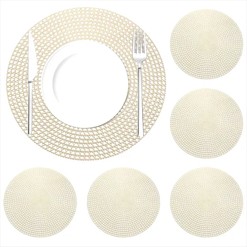Miniatura 7 de Juego de 6 manteles individuales dorados de 15 pulgadas, manteles individuales redondos brillantes para cocina, comedor, para Acción de Gracias