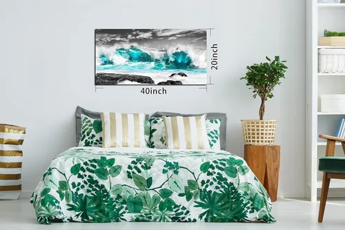 Miniatura 7 de Lienzo de playa para pared, pintura de océano, decoración de pared verde azulado para sala de estar, listo para colgar, tamaño 40 x 20 pulgadas