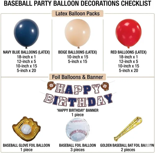 Miniatura 5 de Decoraciones de fiesta de cumpleaños de béisbol, arco de globos azul marino y rojo desnudo con bate de béisbol y guantes y pancarta de feliz