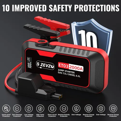 Miniatura 5 de S ZEVZO ET03 Arrancador de Coche 2000A, Paquete de Batería de Arranque para hasta 7.5 L de Gas y 6.5 L de Diésel, Caja de Arranque Portátil de 12V