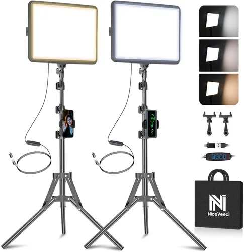 Paquete de 2 luces LED de video, luz NiceVeedi Studio, kit de iluminación regulable de 2800-6500K para fotografía con soporte de trípode y soporte