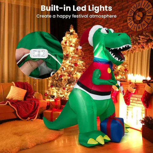 Miniatura 2 de GOFLAME Dinosaurio inflable de Navidad de 6 pies con regalo, decoración de Navidad inflable con luces LED, soplador impermeable, decoración inflable