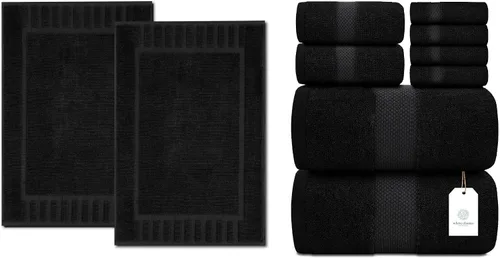 White Classic Juego de toallas negras de 8 piezas [2 toallas de baño, 2 toallas de mano, 4 toallas faciales] y 2 tapetes de baño de lujo de 22 x 34