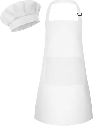 Miniatura 28 de Conjunto de Delantal y Gorro de Chef para Niños, Delantal Infantil Ajustable con 2 Bolsillos, para Niños Chef y Pintura, Cocinar, Hornear