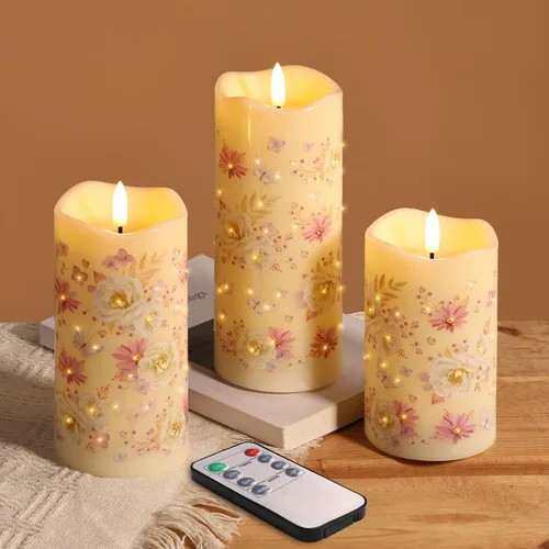 Eywamage Velas de pilar de fibra óptica sin llama con control remoto, velas LED de resorte de mariposa floral parpadeantes para decoración del