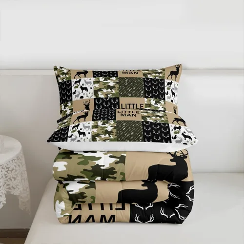 Miniatura 102 de Juego de edredón de cuernos de ciervo tamaño individual, juego de ropa de cama rústica de granja con huellas de oso y pinos para decoración