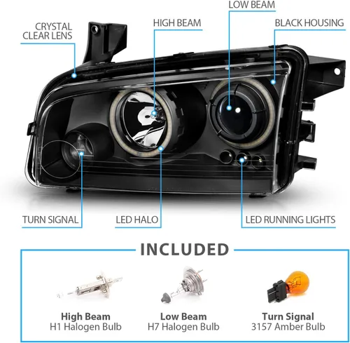Miniatura 4 de AmeriLite Juego de faros delanteros de repuesto para Dodge Charger Dual Xtreme 2006-2010 con anillos de halo LED, color negro, lado del pasajero