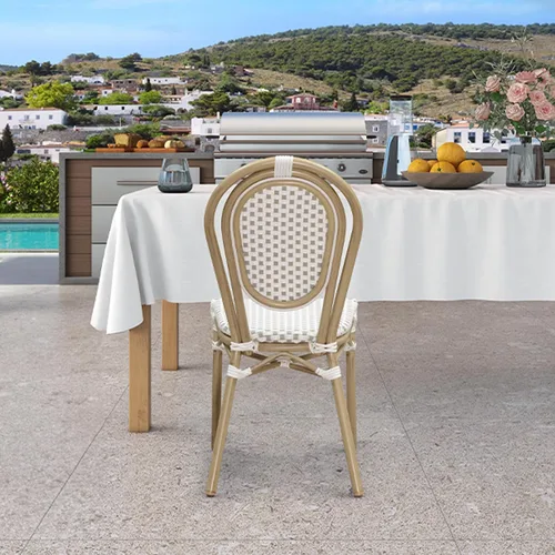 Miniatura 56 de PURPLE LEAF Juego de 1 silla de comedor al aire libre, marco de aluminio francés en acabado de bambú con ratán tejido ámbar y blanco para cocina