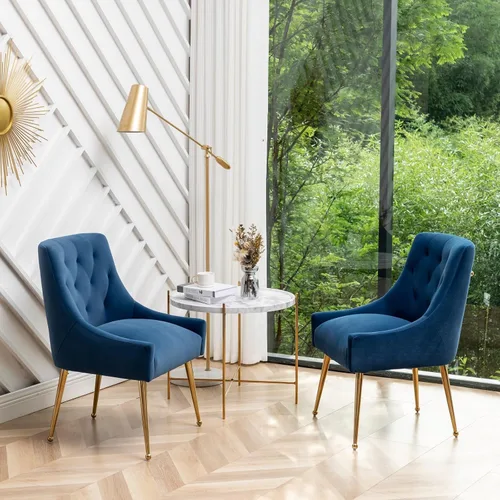 Miniatura 5 de Juego de 2 sillas de comedor, modernas sillas de comedor de terciopelo con patas doradas, elegantes sillas de acento acolchadas para recepción, sala