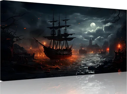 Miniatura 18 de TutuBeer 3 Piezas Arte de Pared Batalla Naval Barco Imagen Barco Pirata Velero Póster Barco Pirata Azul en Llamas Imagen Impresa en Lienzo Póster