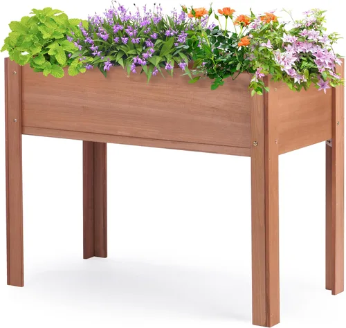 Miniatura 11 de Cama de jardín elevada de 48 x 24 x 30 pulgadas con patas, maceta de madera elevada para plantas al aire libre Gris