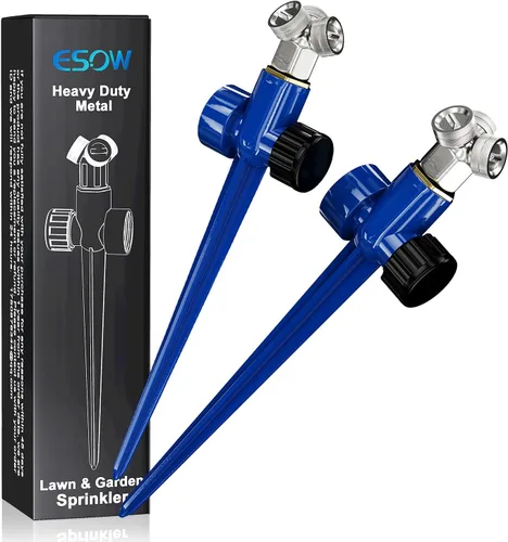 ESOW Aspersor de metal con espigas de nebulización, paquete de 2, estaca de riego suave de 3 cabezales, espray fino de 360° para cama de flores,