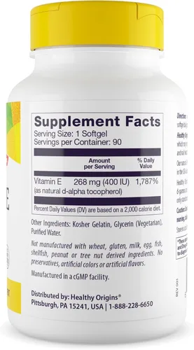 Miniatura 2 de Healthy Origins Vitamina E 400 UI (268 mg), 90 cápsulas blandas líquidas – Tocoferoles mixtos naturales (d-alfa, d-beta, d-gamma, d-delta) – Apoya