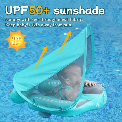 Miniatura 7 de El entrenador de nado Mambobaby más nuevo, no inflable, tamaño mejorado, incluye cola para que nunca se voltee. Toldo con FPS 50+, sólido flotador