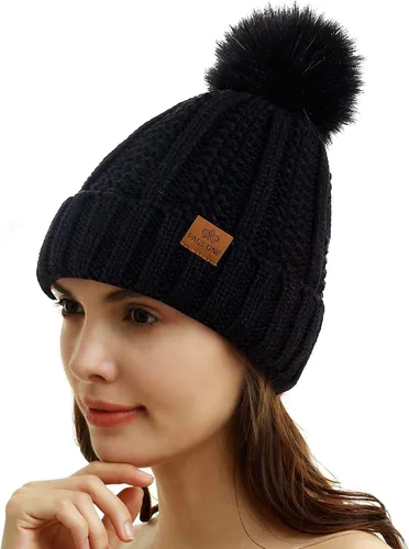 Miniatura 2 de PAGE ONE Womens Winter Thick Cable Knit Beanie Faux Fur Pom Hat Fleece Lined Skull Cap