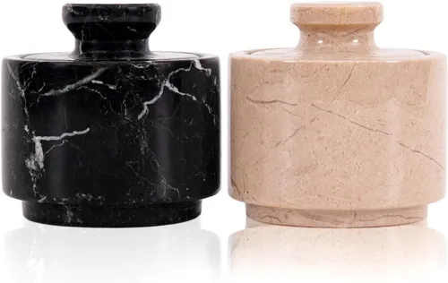 MARBLOUS KRAFTS Salero de Mármol 3" Cebra Negra y Verona Cuenco de Sal Escamosa y Pimienta con Tapa, Almacenamiento para el Hogar y Recipientes