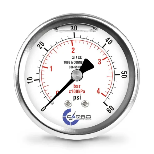 Miniatura 28 de Medidor de presión relleno de líquido de 300 PSI, dial de 2.5 pulgadas, montaje trasero 1/4 NPT, estuche 316 SS, 316 piezas mojadas SS, PSI/barra