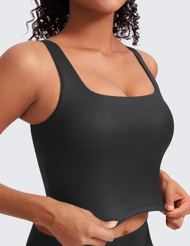 Miniatura 60 de CRZ YOGA Butterluxe Brasier deportivo de cuello cuadrado para mujer, estilo camiseta corta sin mangas, acolchado con soporte integrado para yoga