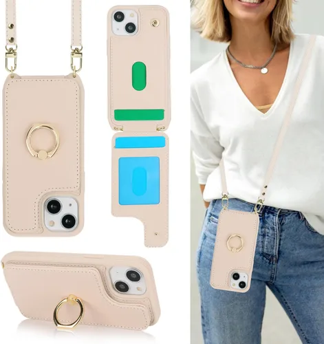 Miniatura 20 de Lipvina Funda para iPhone 13 Mini con tarjetero y correa para mujer, cordón cruzado, soporte de anillo con soporte, cierre a presión, bloqueo RFID