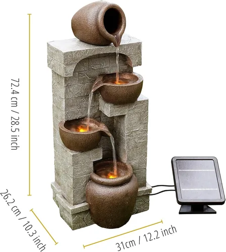 Miniatura 5 de Teamson Home Cuencos en cascada y piedras apiladas, fuente de agua LED para exteriores de 28 pulgadas para espacios al aire libre para crear un