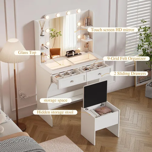 Miniatura 3 de KDCAS Escritorio de tocador con espejo y luces Juego de tocador de maquillaje moderno con superficie de cristal de 31.5" con 2 cajones y taburete