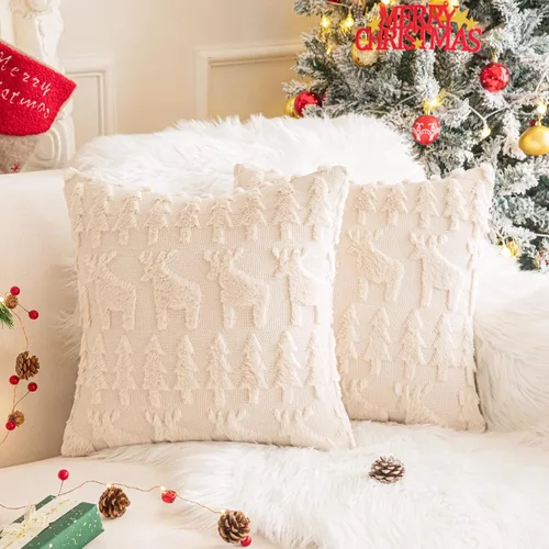 AQOTHES Juego de 2 fundas de almohada de alce navideño de 18 x 18 pulgadas, suave piel sintética color beige crema, almohadas decorativas de Navidad