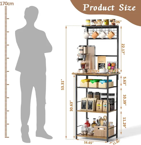 Miniatura 2 de Estación de café de 5 niveles, soporte de cocina con 4 ganchos en forma de S, gabinete de barra de café de esquina estilo granja para espacios